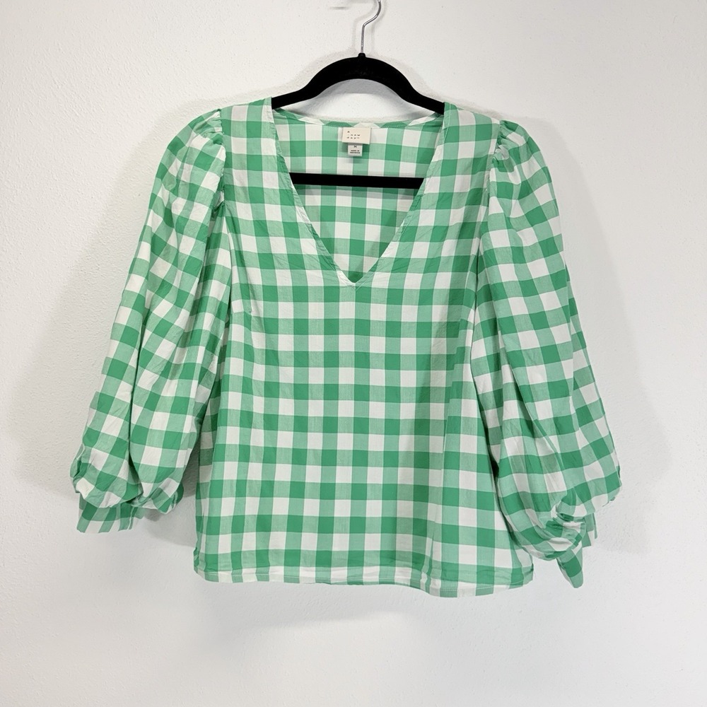 A New Day V-Neck Gingham Plaid 3/4 Puff Sleeve Green White Blouse Top Size M